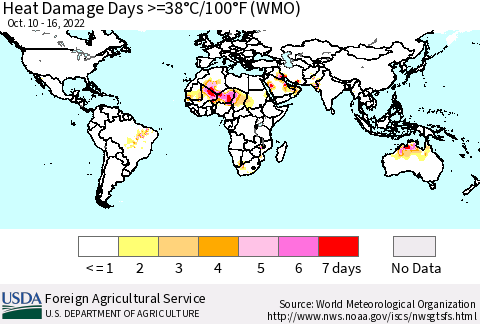 World Heat Damage Days >=38°C/100°F (WMO) Thematic Map For 10/10/2022 - 10/16/2022