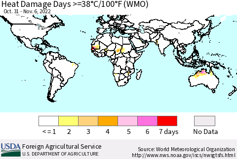 World Heat Damage Days >=38°C/100°F (WMO) Thematic Map For 10/31/2022 - 11/6/2022