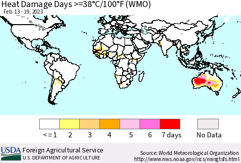 World Heat Damage Days >=38°C/100°F (WMO) Thematic Map For 2/13/2023 - 2/19/2023