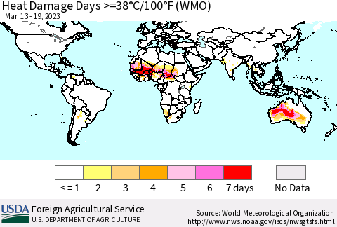 World Heat Damage Days >=38°C/100°F (WMO) Thematic Map For 3/13/2023 - 3/19/2023