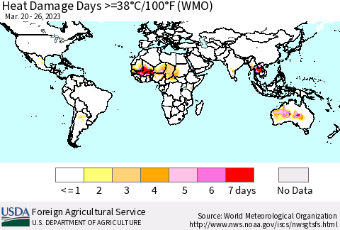 World Heat Damage Days >=38°C/100°F (WMO) Thematic Map For 3/20/2023 - 3/26/2023