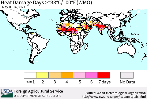 World Heat Damage Days >=38°C/100°F (WMO) Thematic Map For 5/8/2023 - 5/14/2023