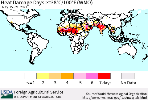 World Heat Damage Days >=38°C/100°F (WMO) Thematic Map For 5/15/2023 - 5/21/2023