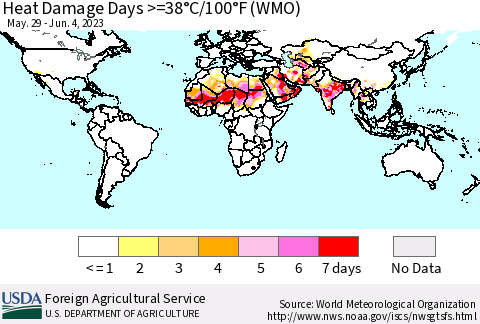 World Heat Damage Days >=38°C/100°F (WMO) Thematic Map For 5/29/2023 - 6/4/2023