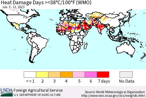 World Heat Damage Days >=38°C/100°F (WMO) Thematic Map For 6/5/2023 - 6/11/2023