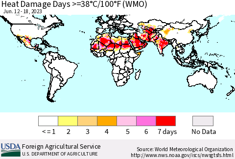 World Heat Damage Days >=38°C/100°F (WMO) Thematic Map For 6/12/2023 - 6/18/2023