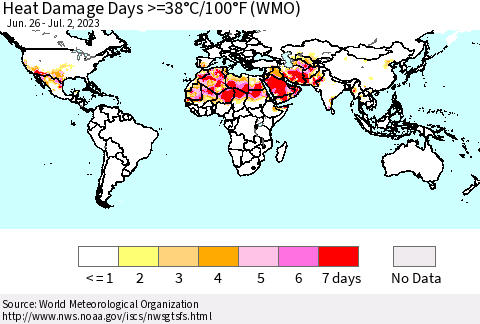 World Heat Damage Days >=38°C/100°F (WMO) Thematic Map For 6/26/2023 - 7/2/2023