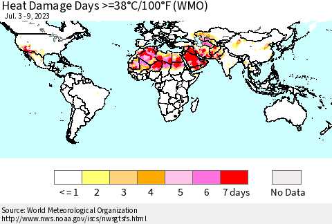 World Heat Damage Days >=38°C/100°F (WMO) Thematic Map For 7/3/2023 - 7/9/2023