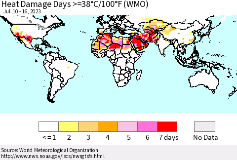 World Heat Damage Days >=38°C/100°F (WMO) Thematic Map For 7/10/2023 - 7/16/2023