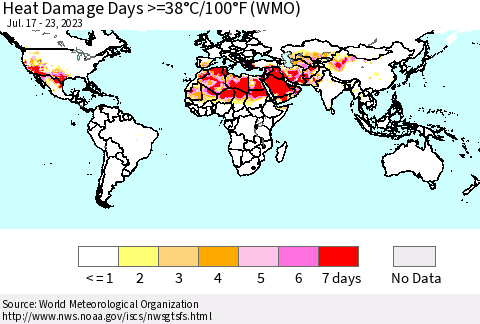 World Heat Damage Days >=38°C/100°F (WMO) Thematic Map For 7/17/2023 - 7/23/2023