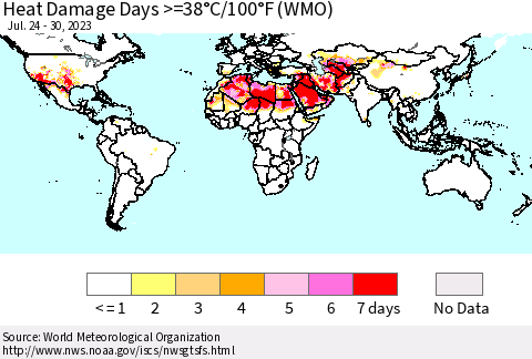 World Heat Damage Days >=38°C/100°F (WMO) Thematic Map For 7/24/2023 - 7/30/2023