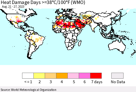 World Heat Damage Days >=38°C/100°F (WMO) Thematic Map For 8/21/2023 - 8/27/2023