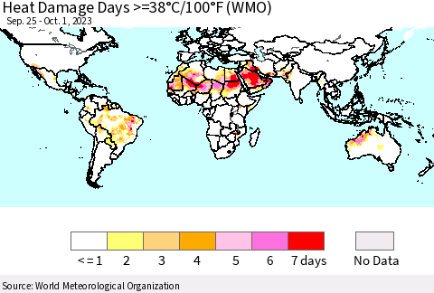World Heat Damage Days >=38°C/100°F (WMO) Thematic Map For 9/25/2023 - 10/1/2023