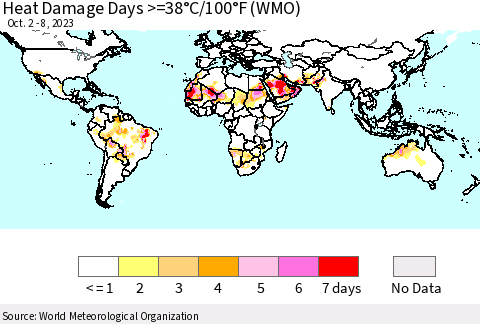 World Heat Damage Days >=38°C/100°F (WMO) Thematic Map For 10/2/2023 - 10/8/2023