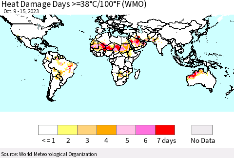 World Heat Damage Days >=38°C/100°F (WMO) Thematic Map For 10/9/2023 - 10/15/2023