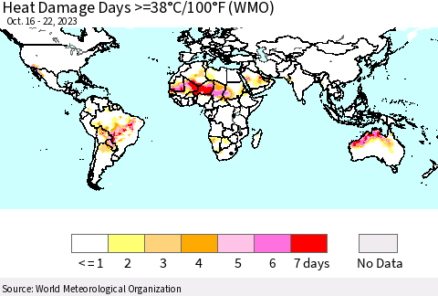 World Heat Damage Days >=38°C/100°F (WMO) Thematic Map For 10/16/2023 - 10/22/2023