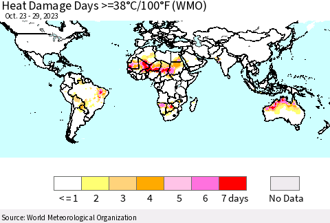 World Heat Damage Days >=38°C/100°F (WMO) Thematic Map For 10/23/2023 - 10/29/2023