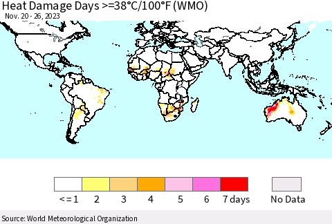 World Heat Damage Days >=38°C/100°F (WMO) Thematic Map For 11/20/2023 - 11/26/2023