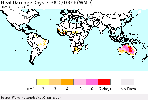 World Heat Damage Days >=38°C/100°F (WMO) Thematic Map For 12/4/2023 - 12/10/2023