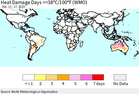 World Heat Damage Days >=38°C/100°F (WMO) Thematic Map For 12/11/2023 - 12/17/2023
