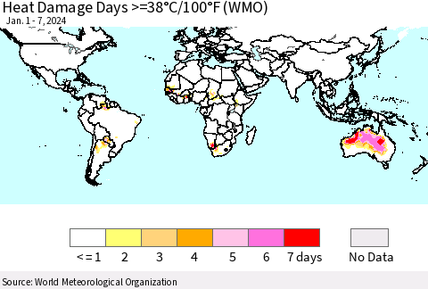 World Heat Damage Days >=38°C/100°F (WMO) Thematic Map For 1/1/2024 - 1/7/2024