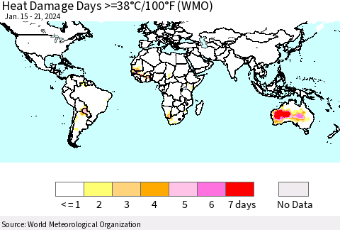 World Heat Damage Days >=38°C/100°F (WMO) Thematic Map For 1/15/2024 - 1/21/2024