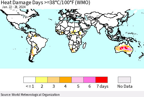 World Heat Damage Days >=38°C/100°F (WMO) Thematic Map For 1/22/2024 - 1/28/2024