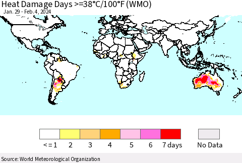 World Heat Damage Days >=38°C/100°F (WMO) Thematic Map For 1/29/2024 - 2/4/2024