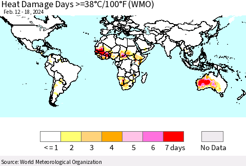World Heat Damage Days >=38°C/100°F (WMO) Thematic Map For 2/12/2024 - 2/18/2024