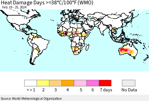 World Heat Damage Days >=38°C/100°F (WMO) Thematic Map For 2/19/2024 - 2/25/2024