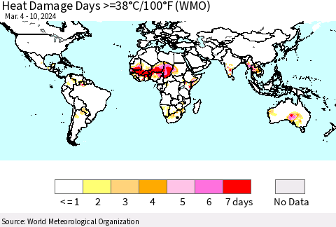 World Heat Damage Days >=38°C/100°F (WMO) Thematic Map For 3/4/2024 - 3/10/2024
