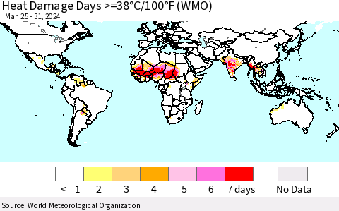 World Heat Damage Days >=38°C/100°F (WMO) Thematic Map For 3/25/2024 - 3/31/2024