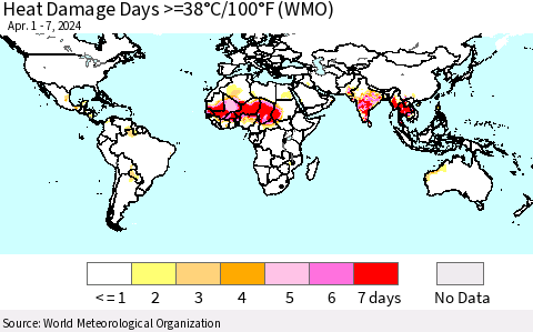 World Heat Damage Days >=38°C/100°F (WMO) Thematic Map For 4/1/2024 - 4/7/2024