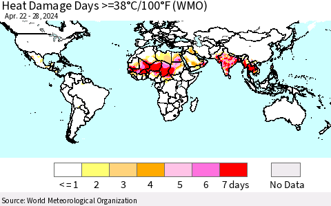 World Heat Damage Days >=38°C/100°F (WMO) Thematic Map For 4/22/2024 - 4/28/2024