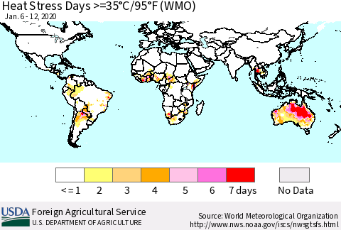World Heat Stress Days >=35°C/95°F (WMO) Thematic Map For 1/6/2020 - 1/12/2020