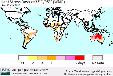 World Heat Stress Days >=35°C/95°F (WMO) Thematic Map For 1/13/2020 - 1/19/2020