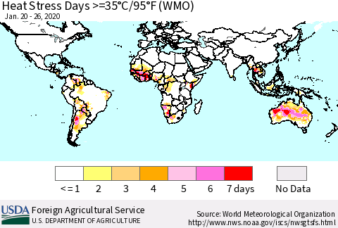 World Heat Stress Days >=35°C/95°F (WMO) Thematic Map For 1/20/2020 - 1/26/2020