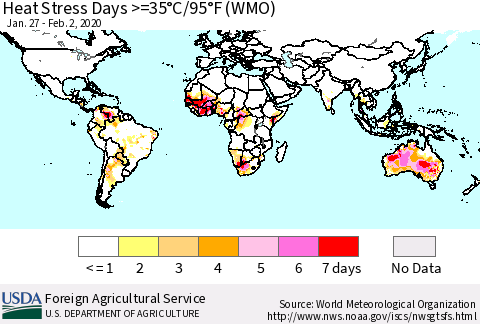World Heat Stress Days >=35°C/95°F (WMO) Thematic Map For 1/27/2020 - 2/2/2020