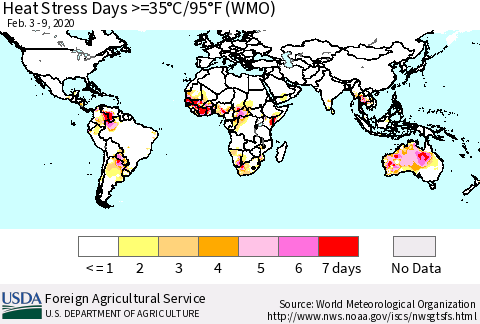 World Heat Stress Days >=35°C/95°F (WMO) Thematic Map For 2/3/2020 - 2/9/2020