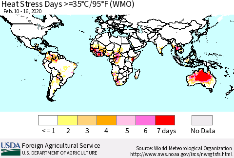 World Heat Stress Days >=35°C/95°F (WMO) Thematic Map For 2/10/2020 - 2/16/2020
