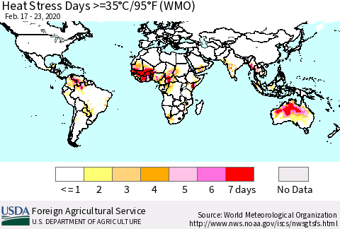 World Heat Stress Days >=35°C/95°F (WMO) Thematic Map For 2/17/2020 - 2/23/2020