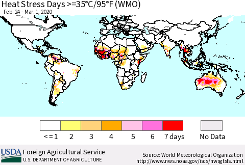 World Heat Stress Days >=35°C/95°F (WMO) Thematic Map For 2/24/2020 - 3/1/2020