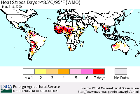 World Heat Stress Days >=35°C/95°F (WMO) Thematic Map For 3/2/2020 - 3/8/2020
