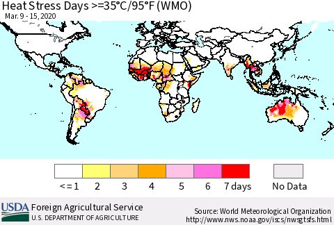 World Heat Stress Days >=35°C/95°F (WMO) Thematic Map For 3/9/2020 - 3/15/2020