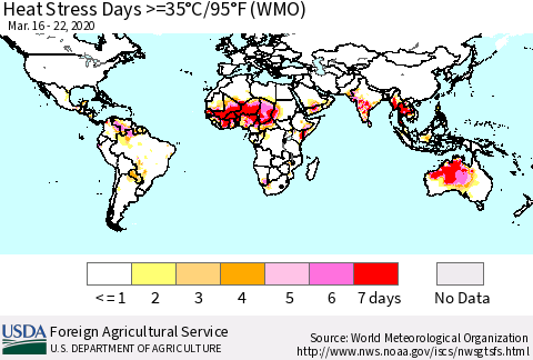 World Heat Stress Days >=35°C/95°F (WMO) Thematic Map For 3/16/2020 - 3/22/2020