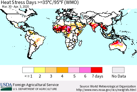 World Heat Stress Days >=35°C/95°F (WMO) Thematic Map For 3/30/2020 - 4/5/2020