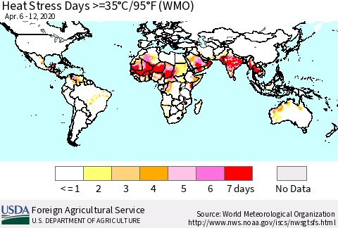 World Heat Stress Days >=35°C/95°F (WMO) Thematic Map For 4/6/2020 - 4/12/2020