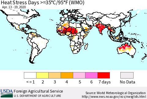 World Heat Stress Days >=35°C/95°F (WMO) Thematic Map For 4/13/2020 - 4/19/2020