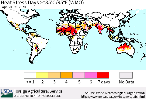 World Heat Stress Days >=35°C/95°F (WMO) Thematic Map For 4/20/2020 - 4/26/2020