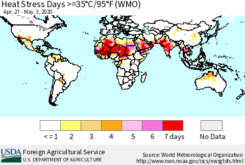 World Heat Stress Days >=35°C/95°F (WMO) Thematic Map For 4/27/2020 - 5/3/2020